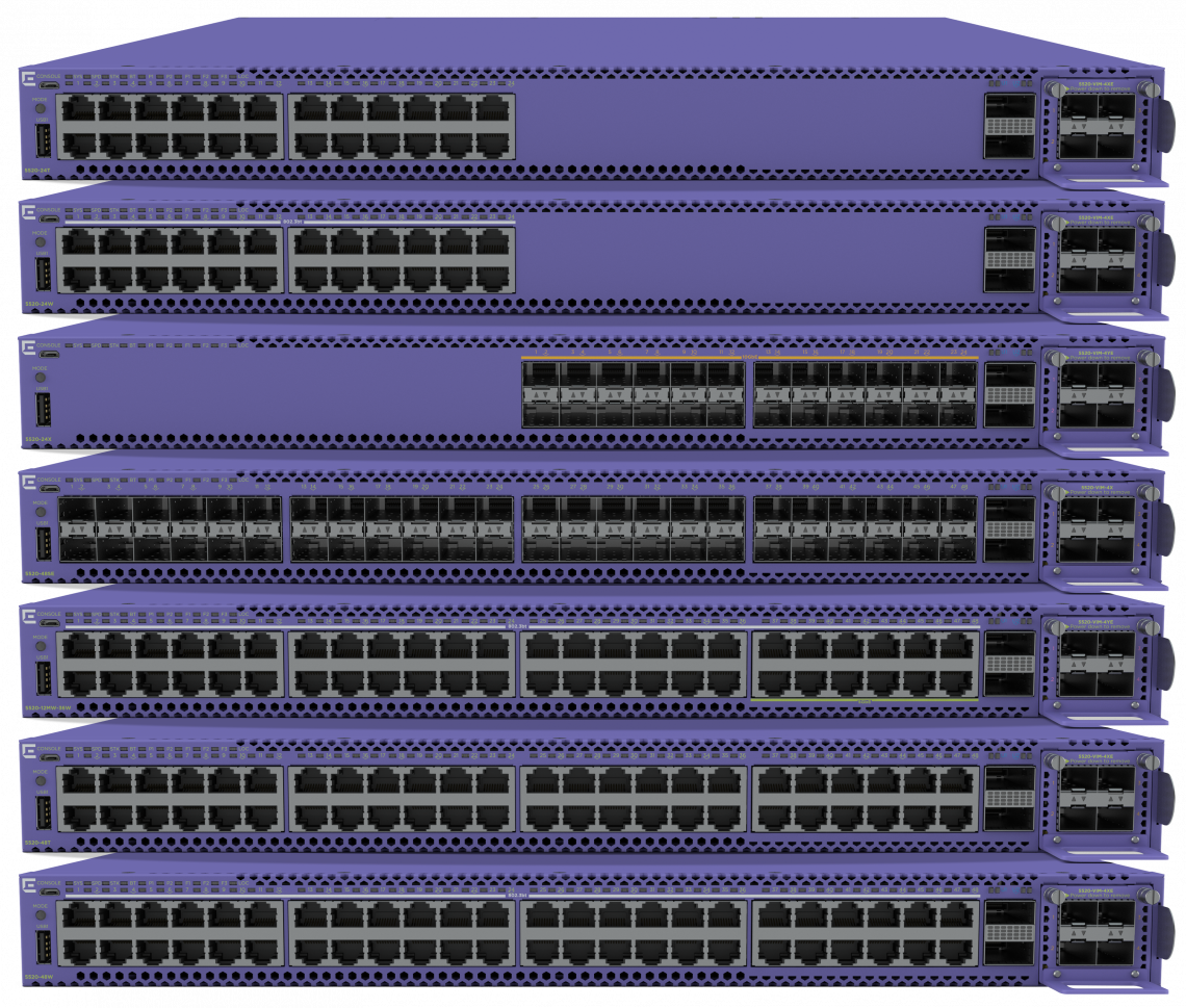 A stack of 7 magenta-colored data center network switches.