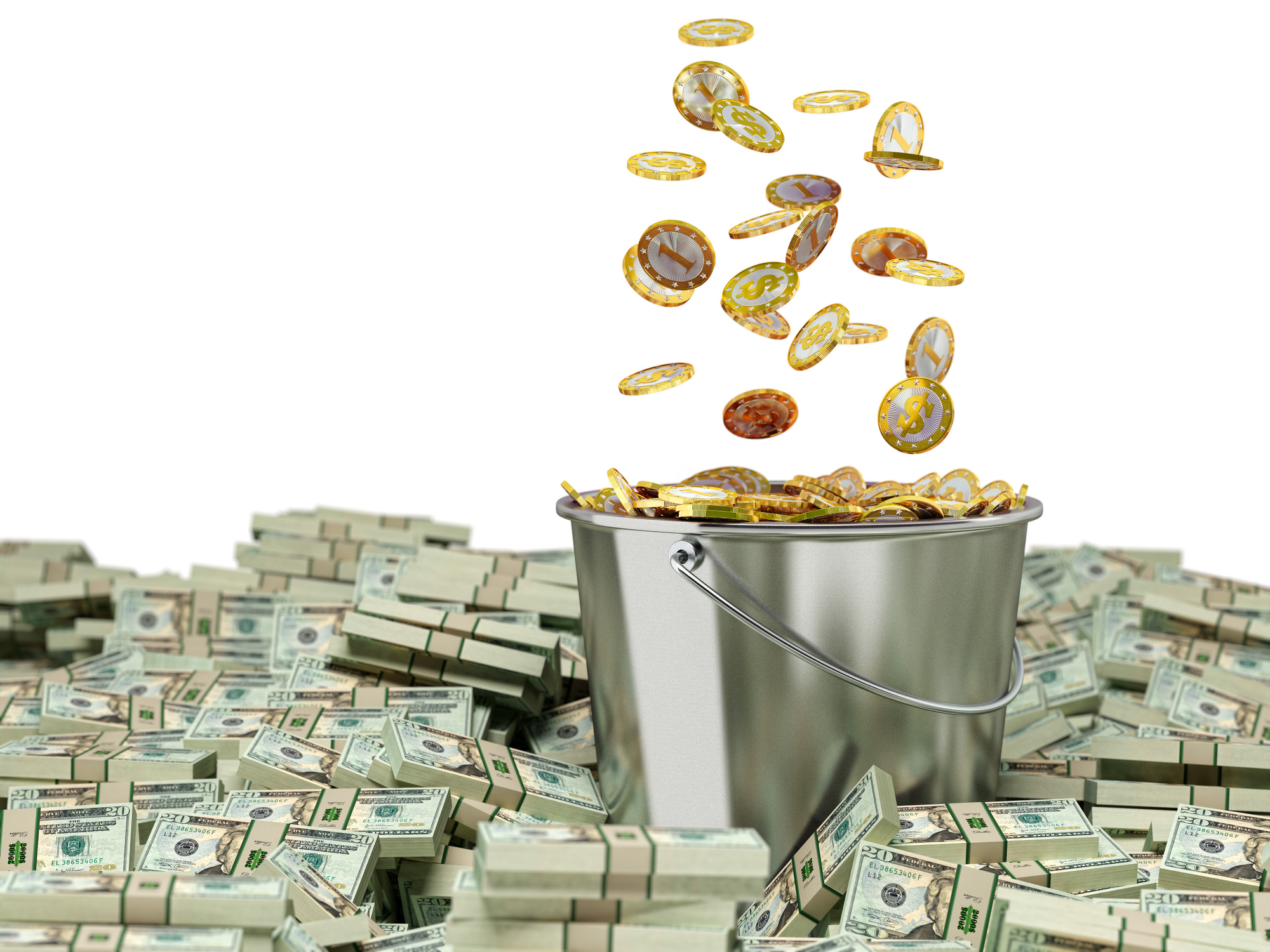 Coins falling into a bucket surrounded by piles of cash