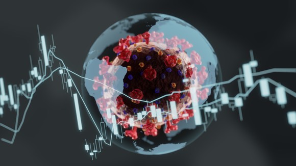Stock chart with coronavirus overlaid on a globe in the background