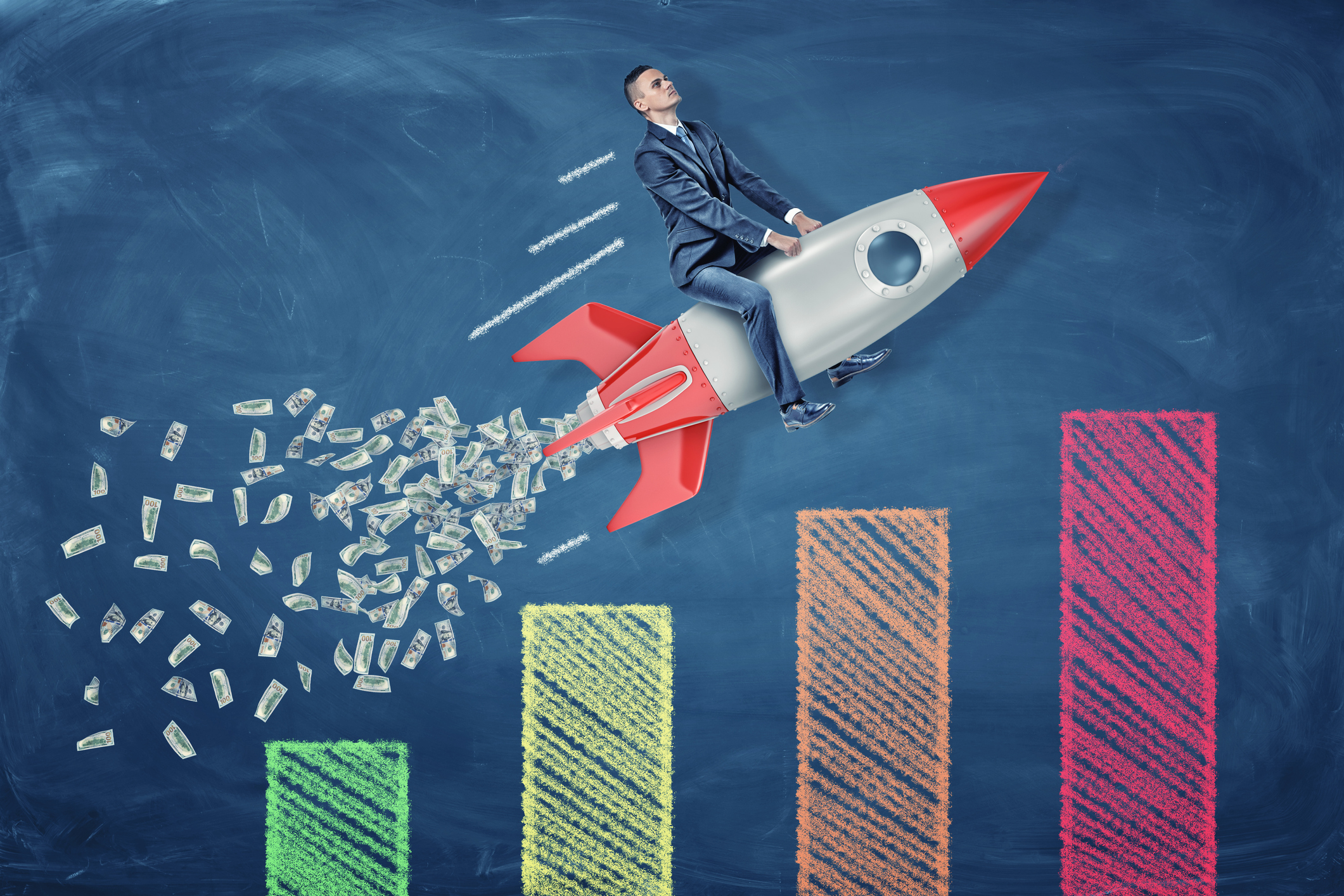 A businessman riding a rocket ship expelling cash exhaust flies over a multi-colored bar chart.