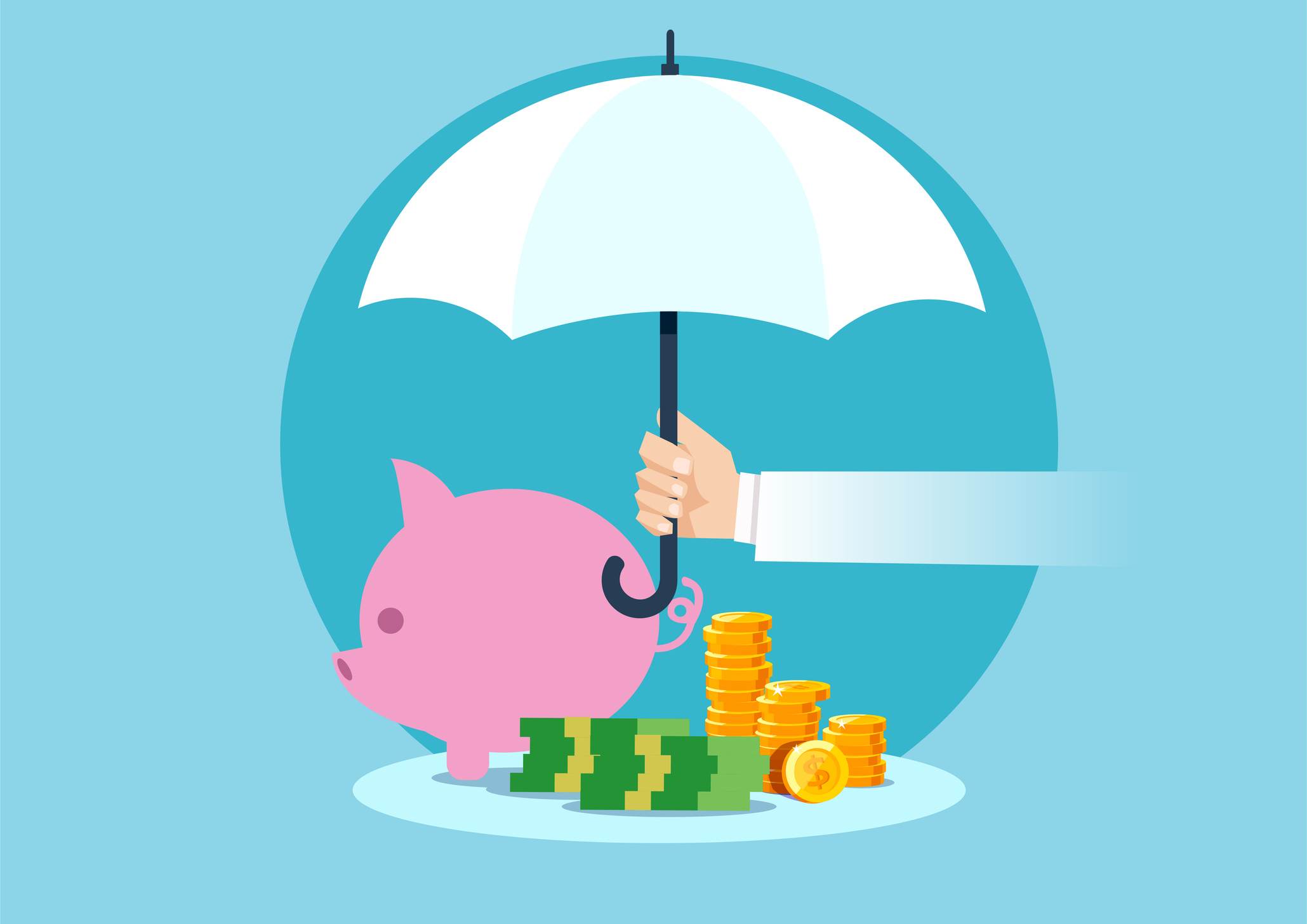 Piggy bank with bills and coins under umbrella.