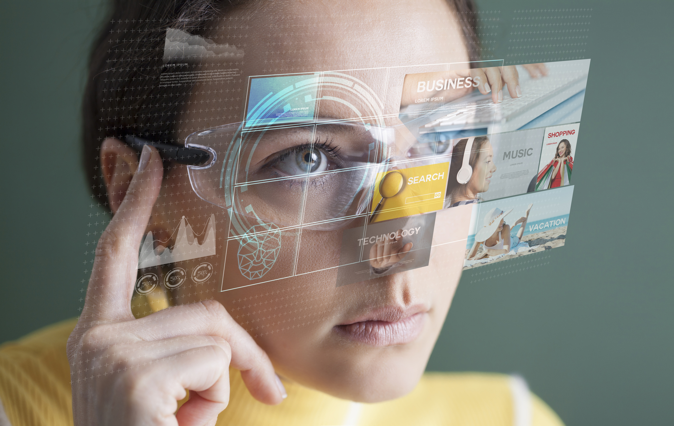 A woman uses a pair of AR glasses.