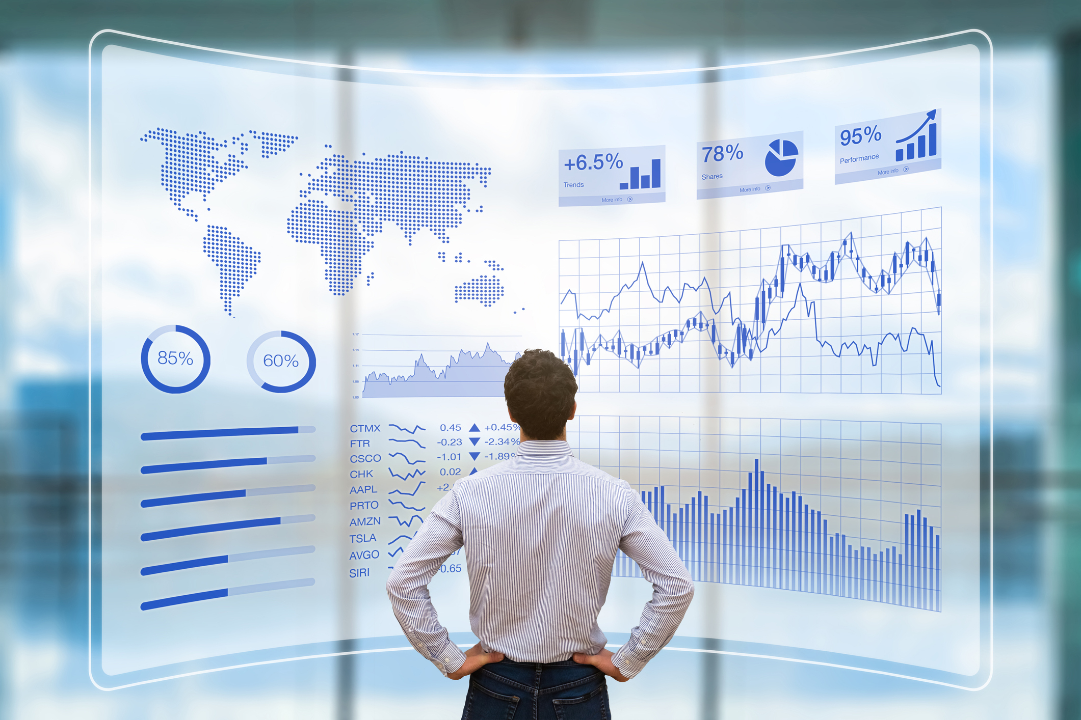 Person reading charts and graphs on head up display interface screen
