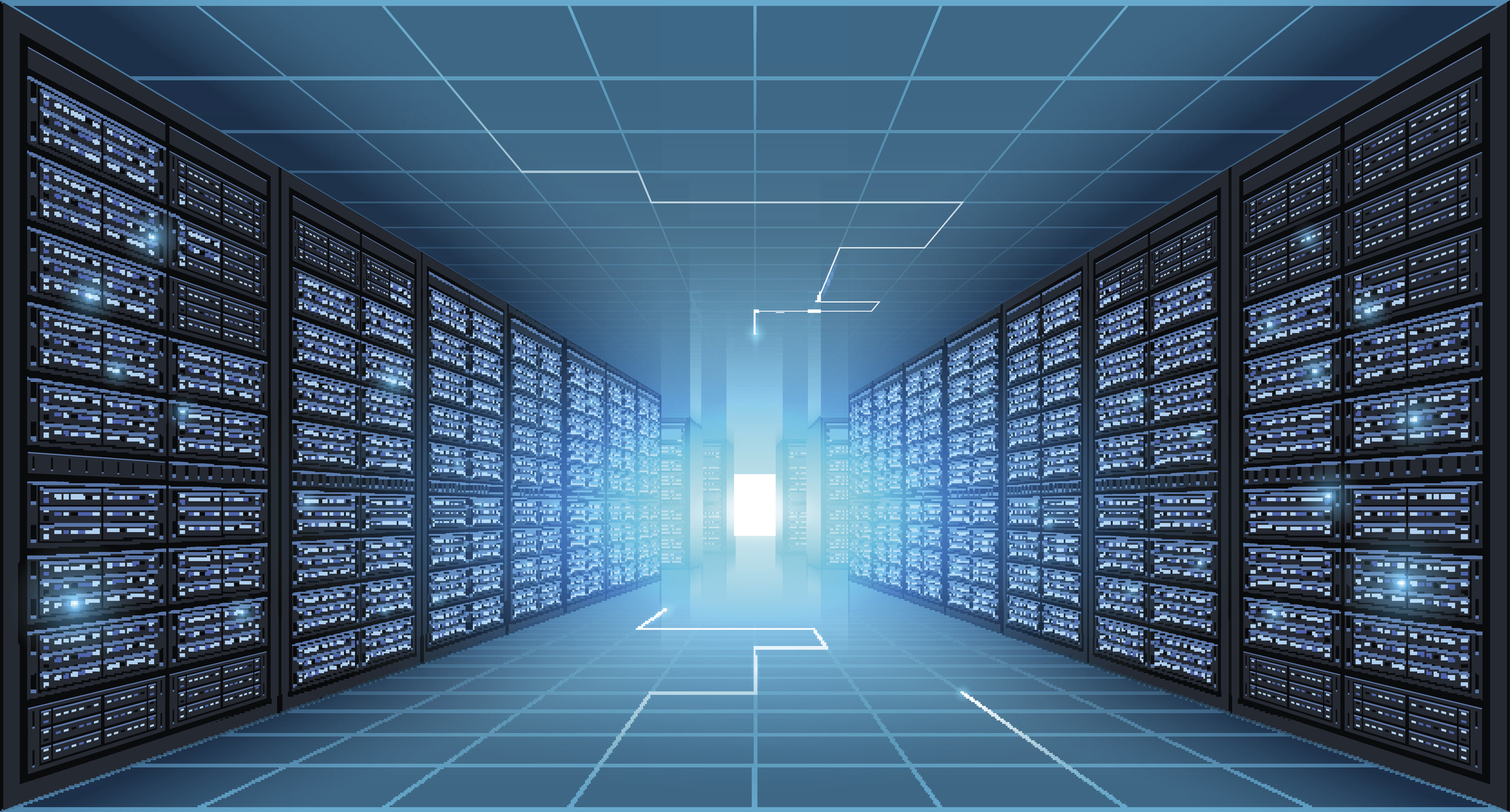 A server room with a light shining through a door.