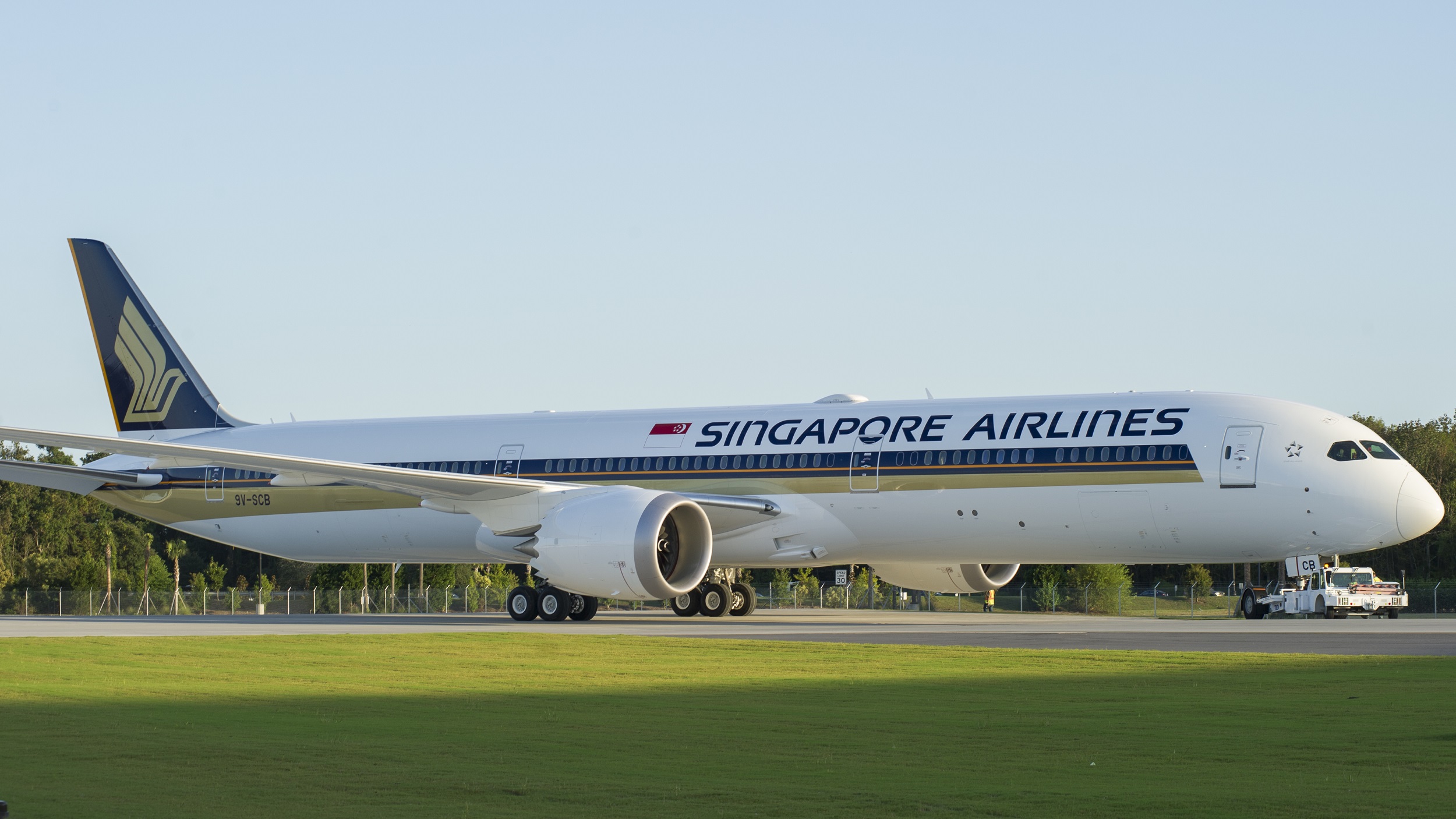 A Singapore Airlines 787 Dreamliner on the runway.