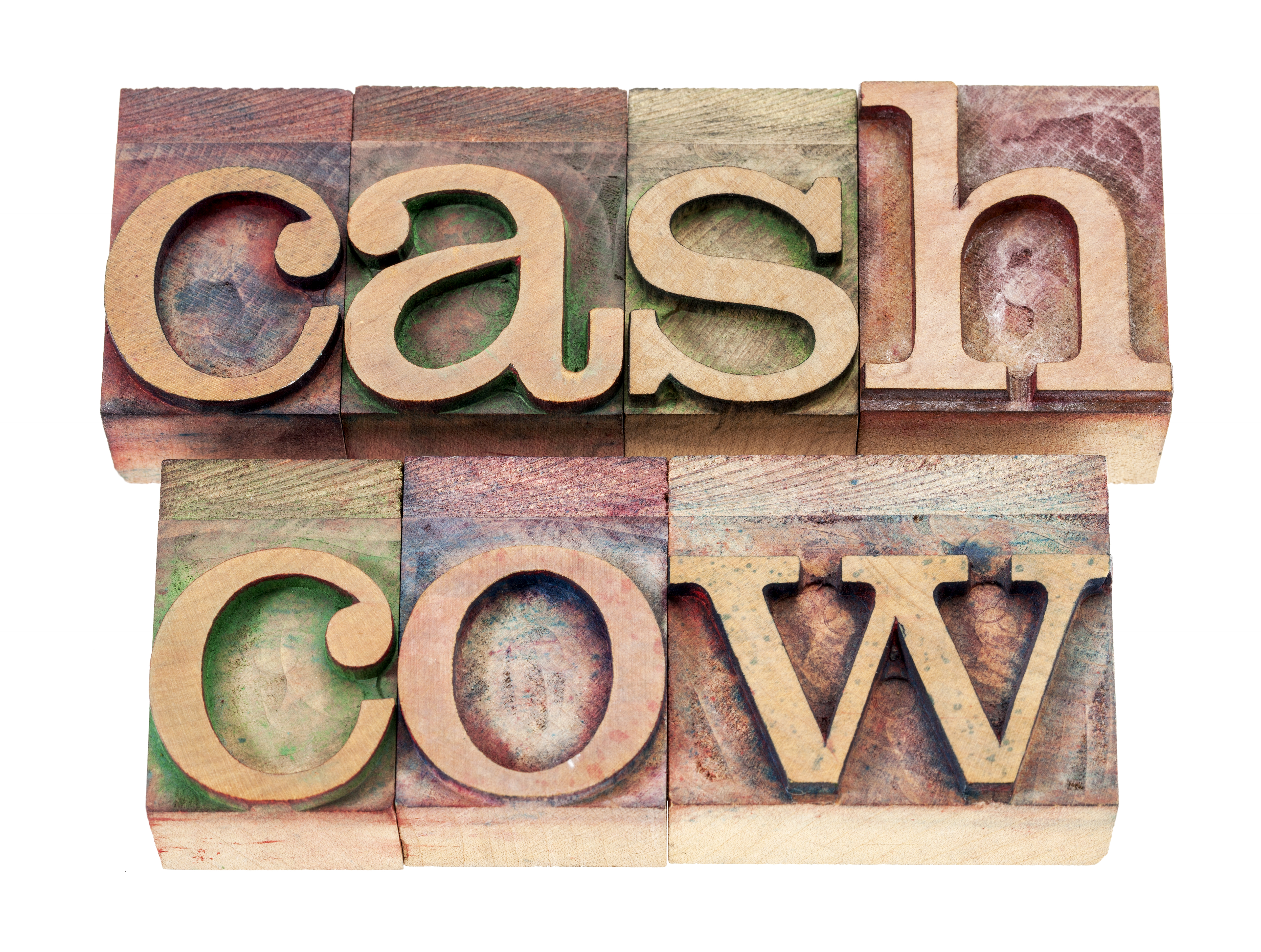 Cash cow spelled out in blocks.