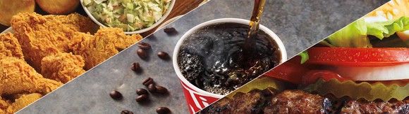 Fried chicken, cup of coffee, and a burger