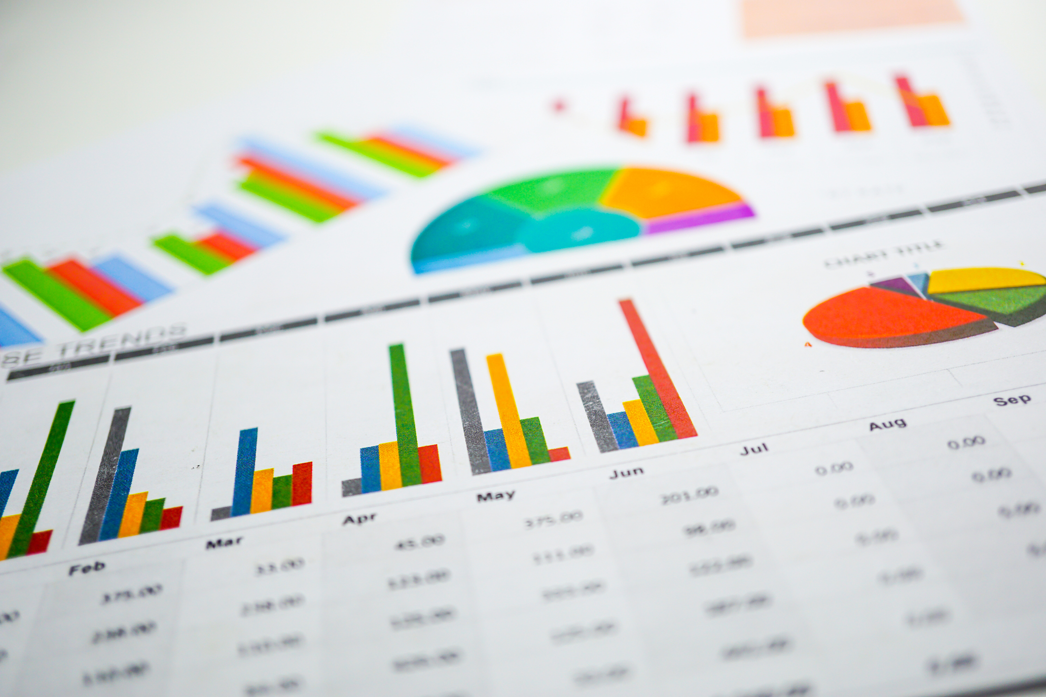 Printed bar charts and pie charts.