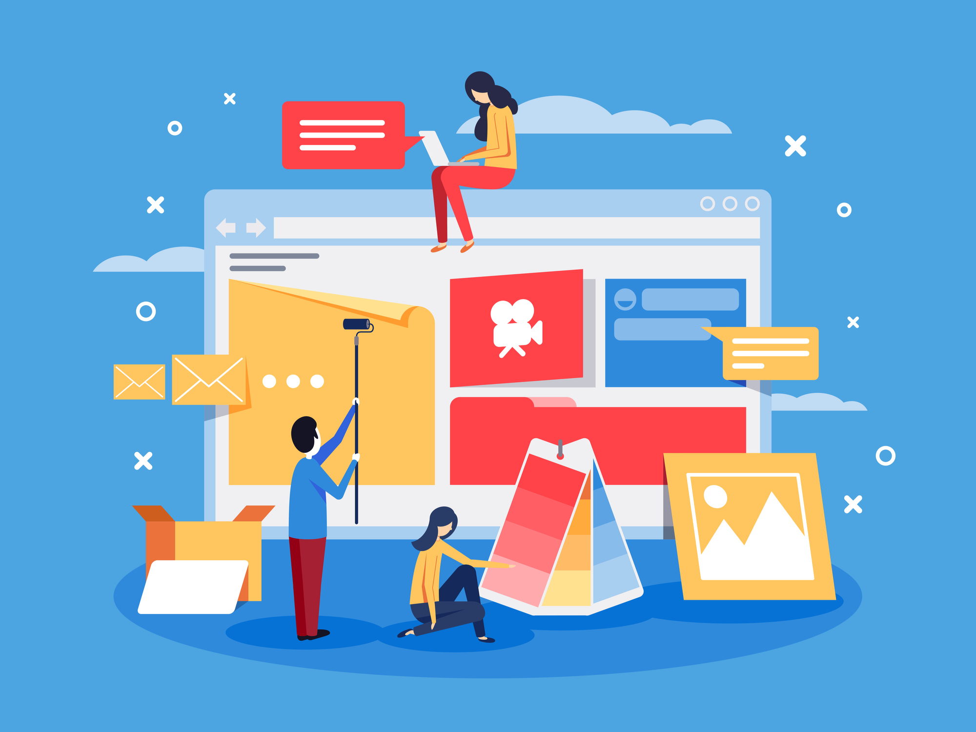 An animation of multiple people putting stuff on a web page.