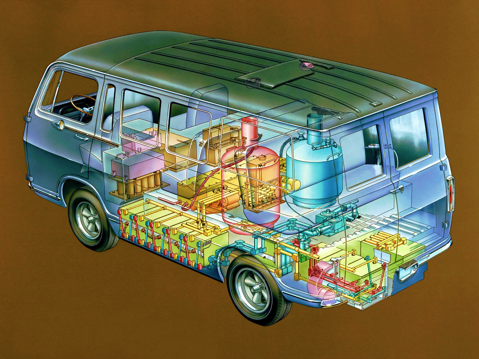 A cutaway drawing of GM's Electrovan, showing the fuel cell system that took up much of its interior.