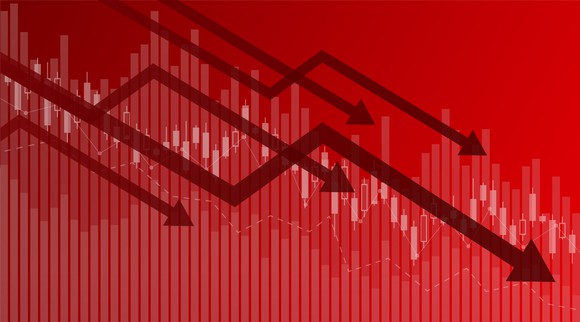 Black arrows pointing down on a red background.
