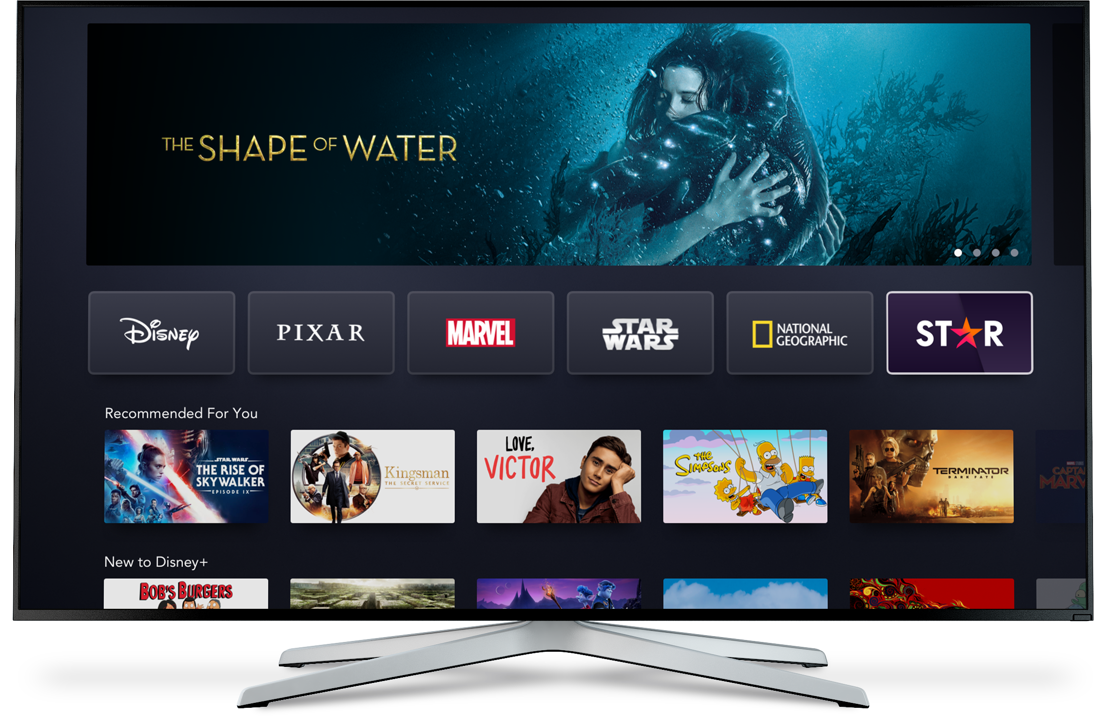 A TV displaying Disney+ homescreen.