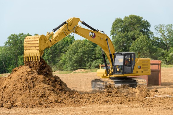A Caterpillar excavator at a construction site.