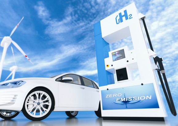 A white car waiting for hydrogen refueling with blue sky in the background.