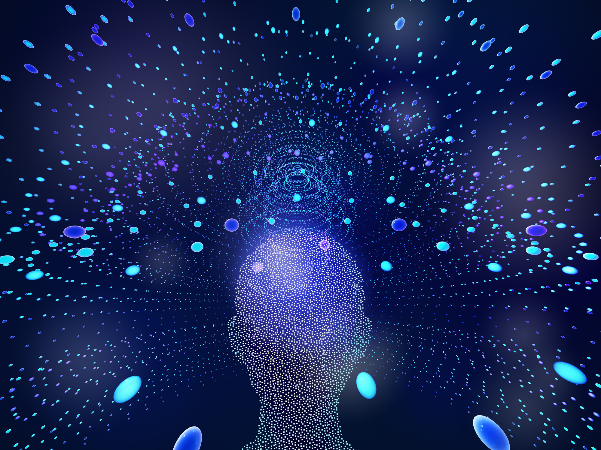 Animation showing outline of human head and circular bits streaming out of it.