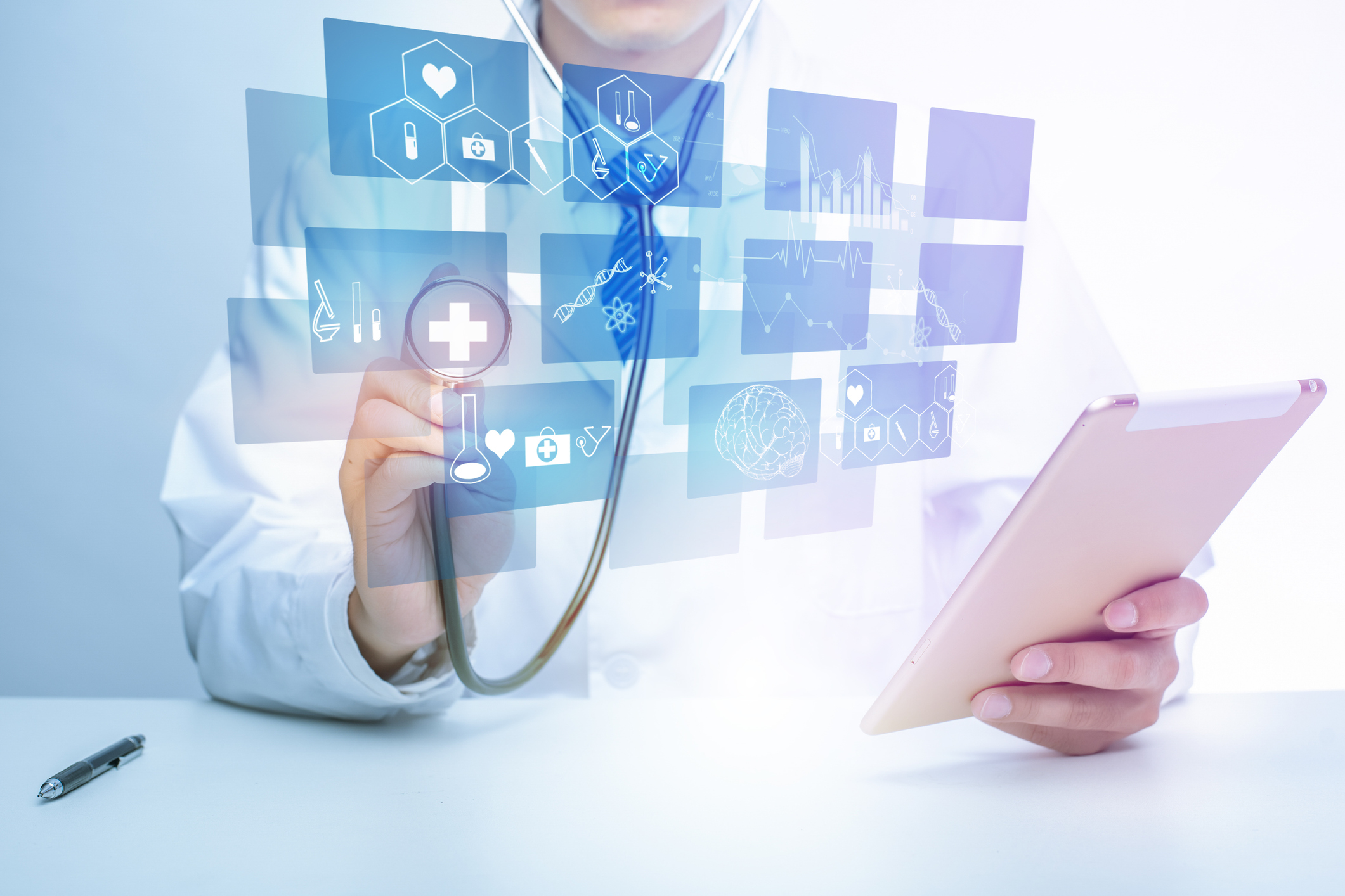 A physician checks cloud-based medical records.