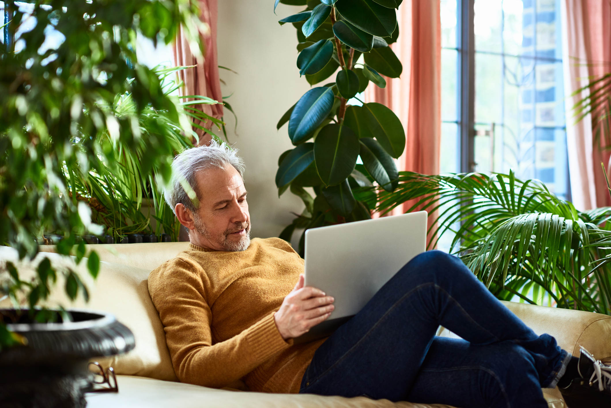 Senior man on couch looking at laptop