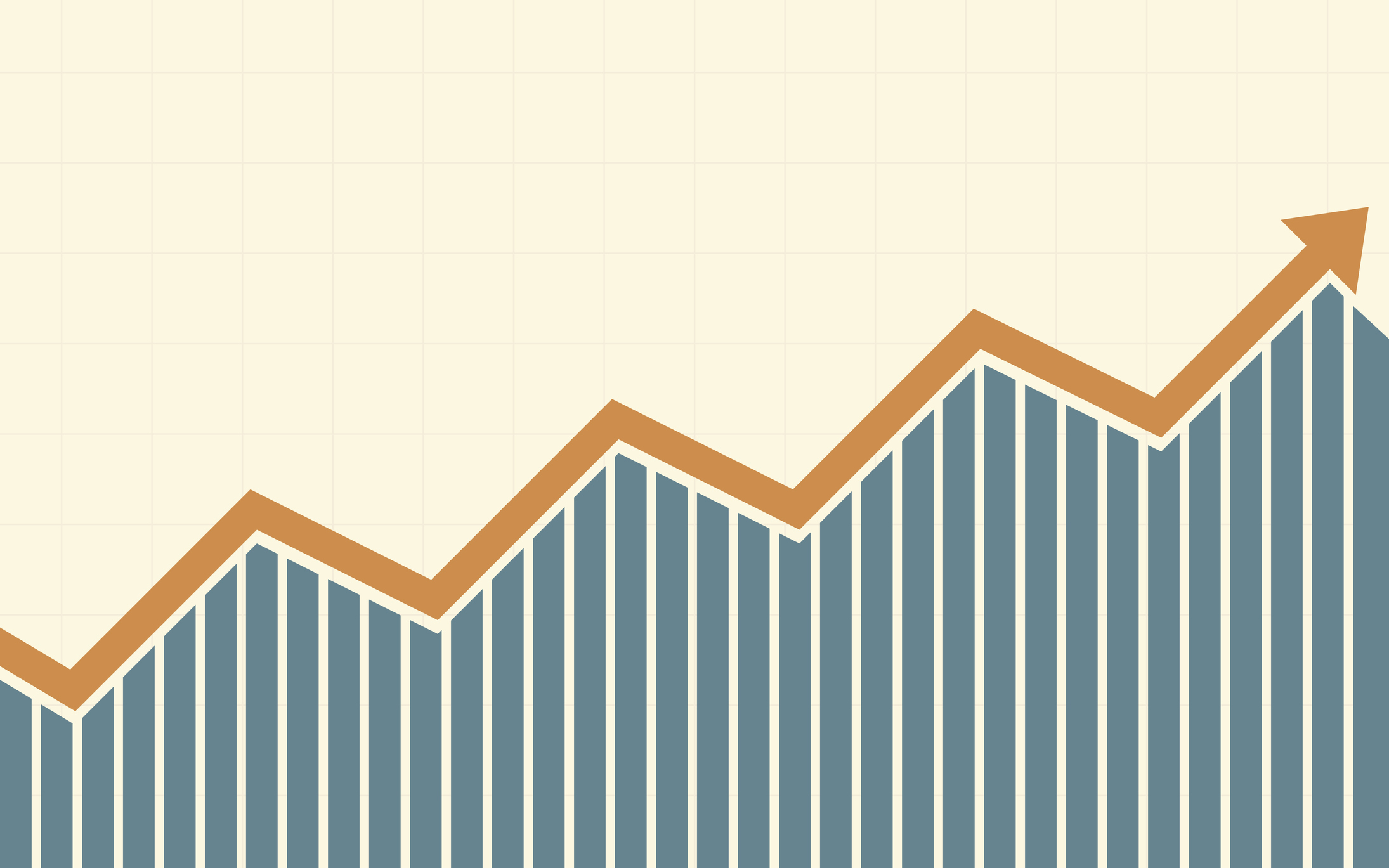 An orange arrow on top of a blue bar chart.