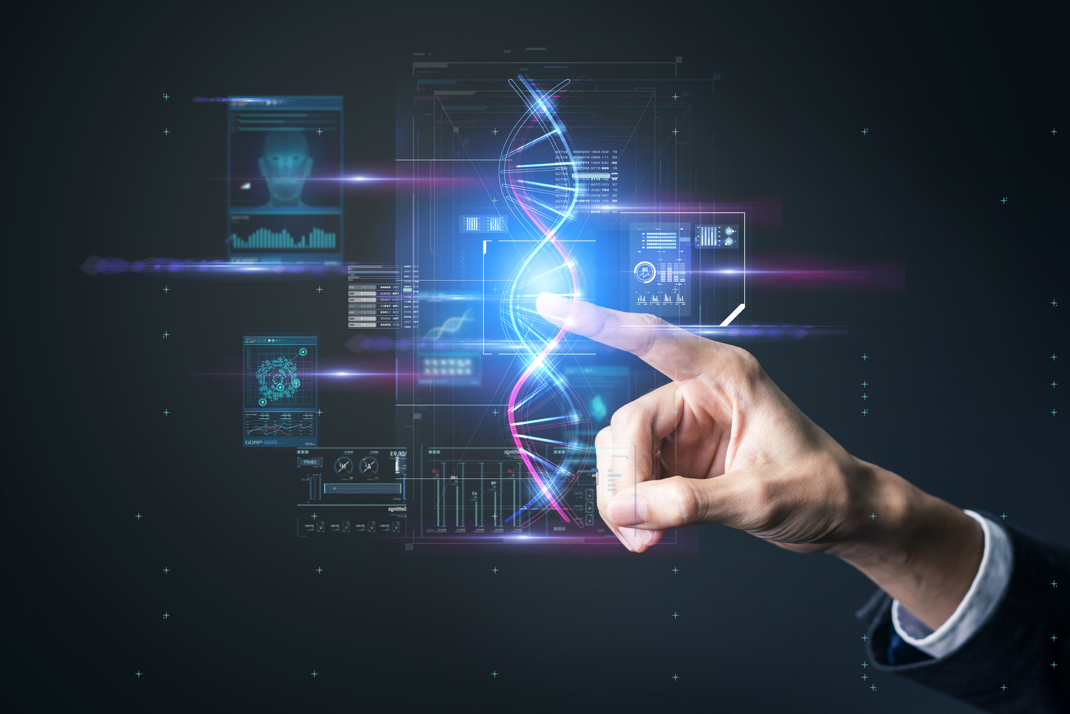 A man's finger pointing to an image of DNA with other computer-generated images in the background
