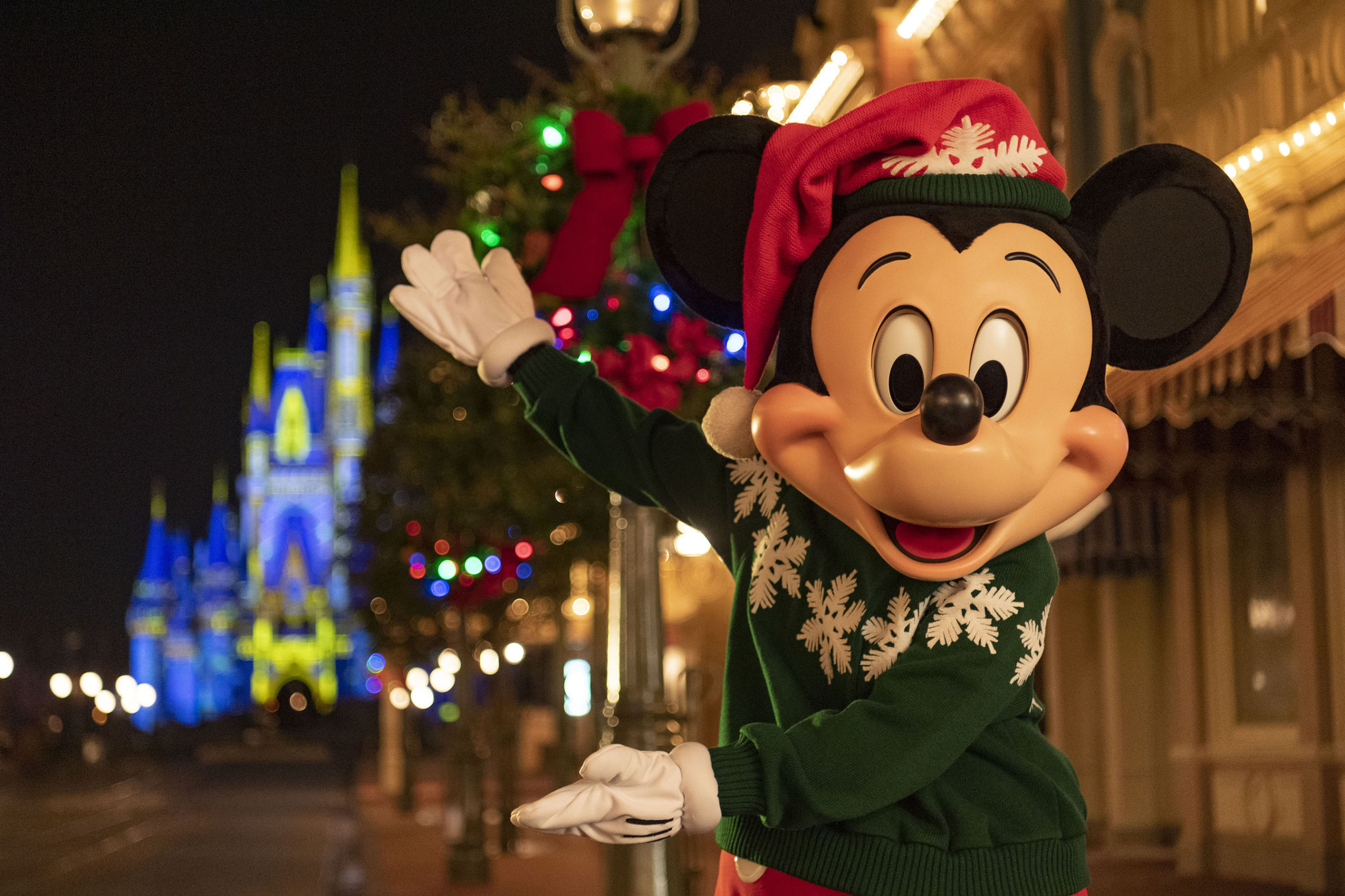 Mickey Mouse in from of the Magic Kingdom.