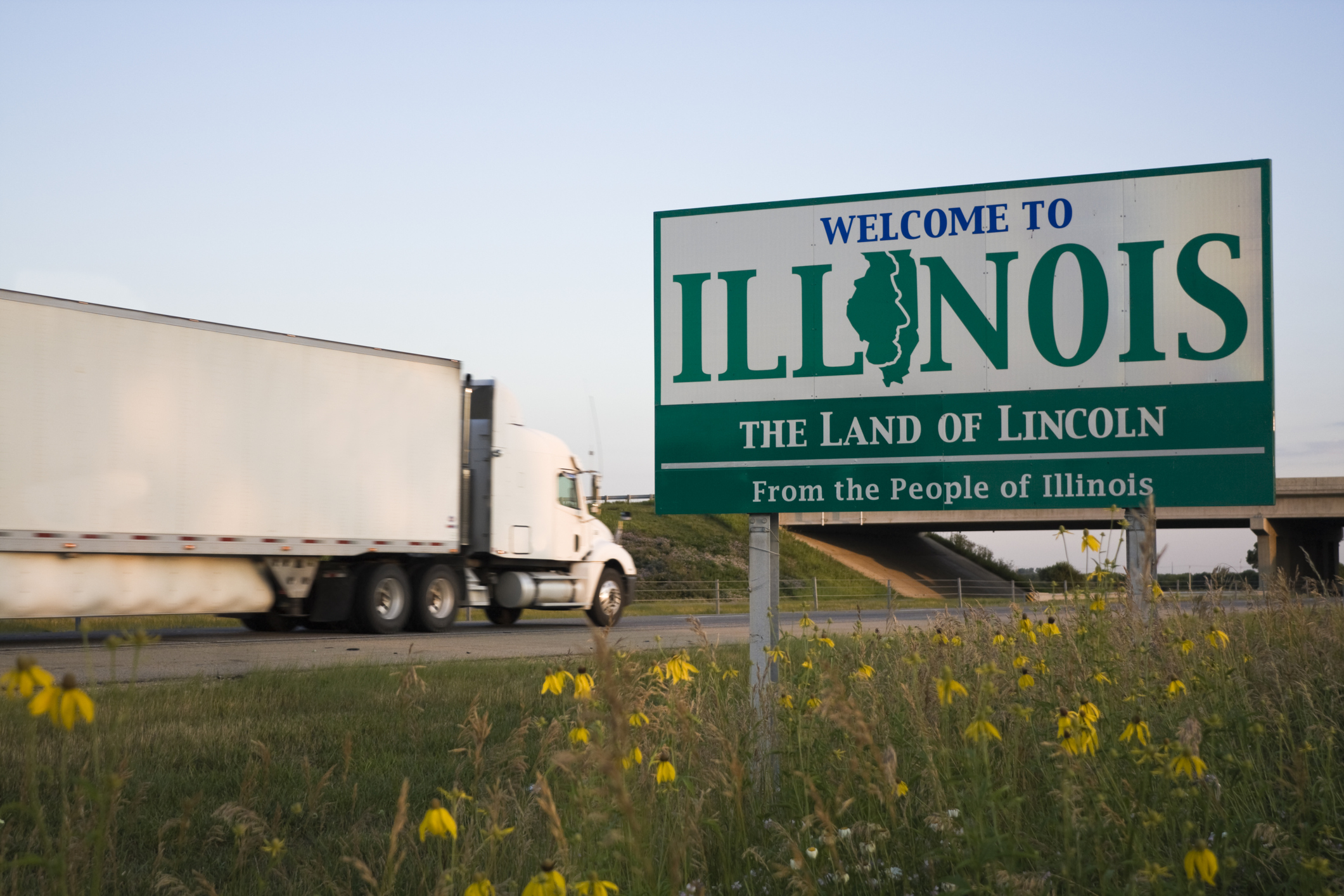 A "Welcome to Illinois, The Land of Lincoln" sign along a highway, surrounded by black-eyed Susans with a trailer truck in the background.