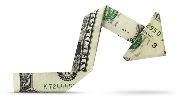 $1 bill folded into an arrow pointing downward