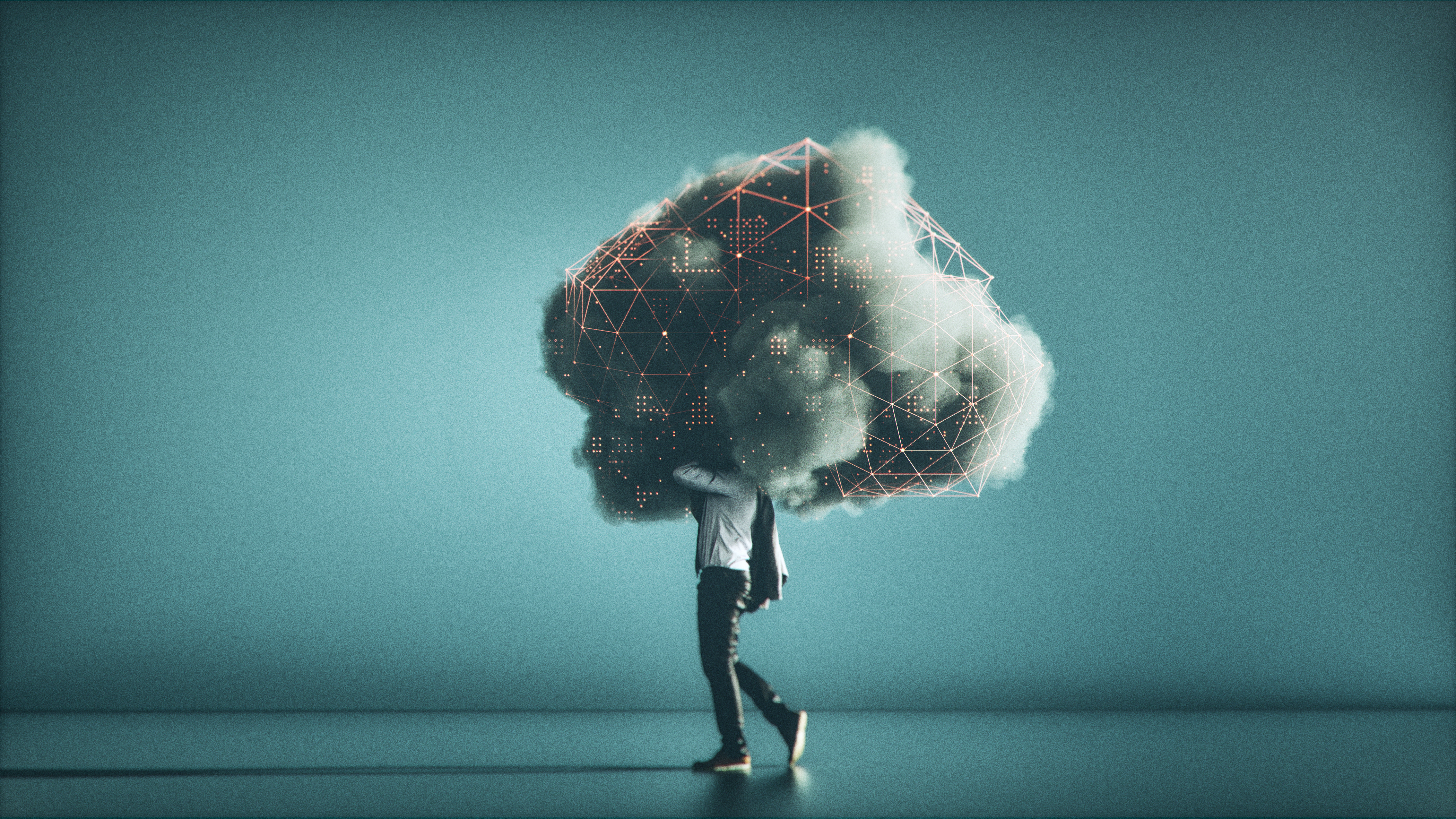 A man carries away a cloud over his shoulder.