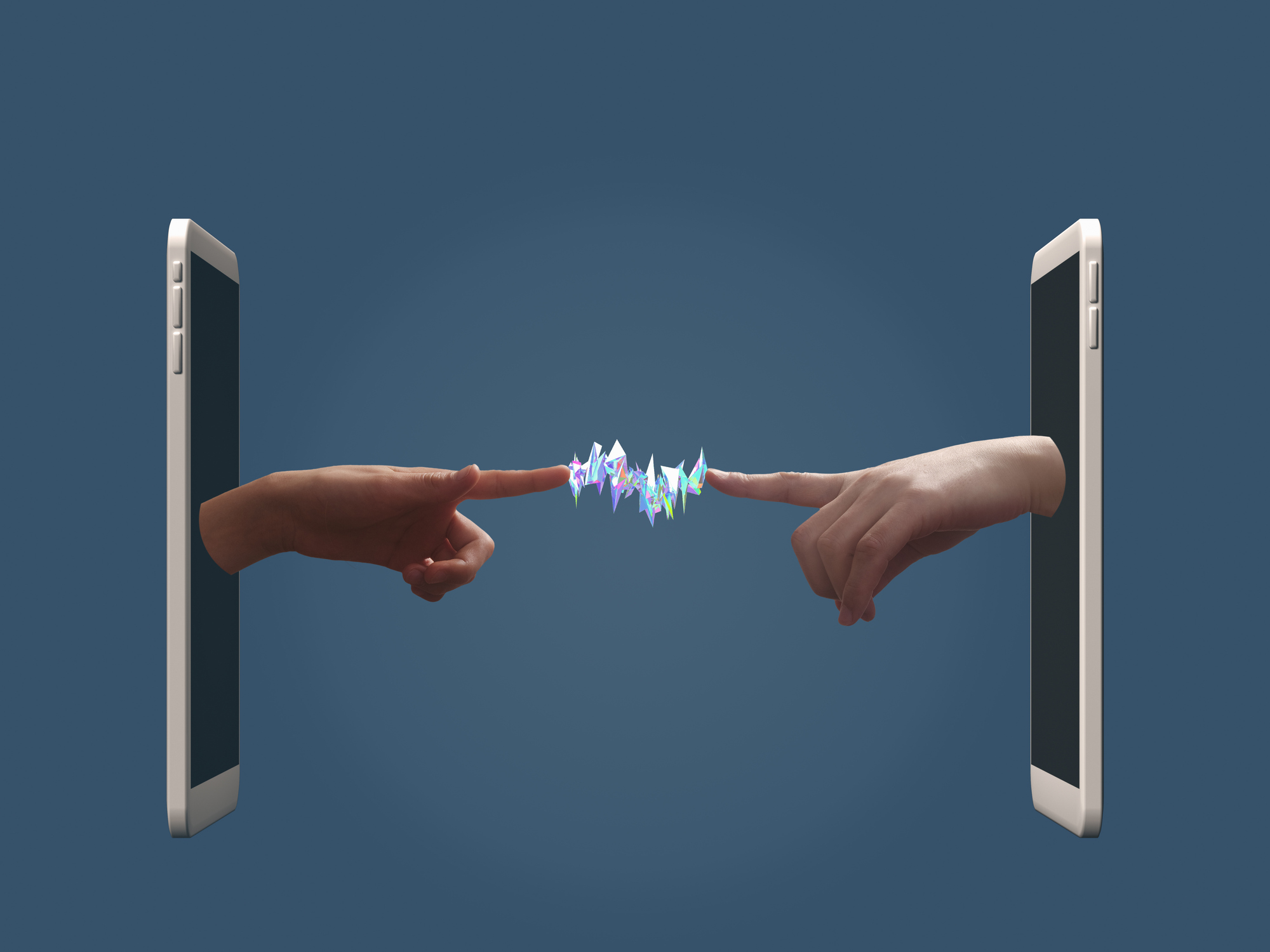 Two hands pop out of two smartphones facing each other and their fingers touch with electrical currents between them.