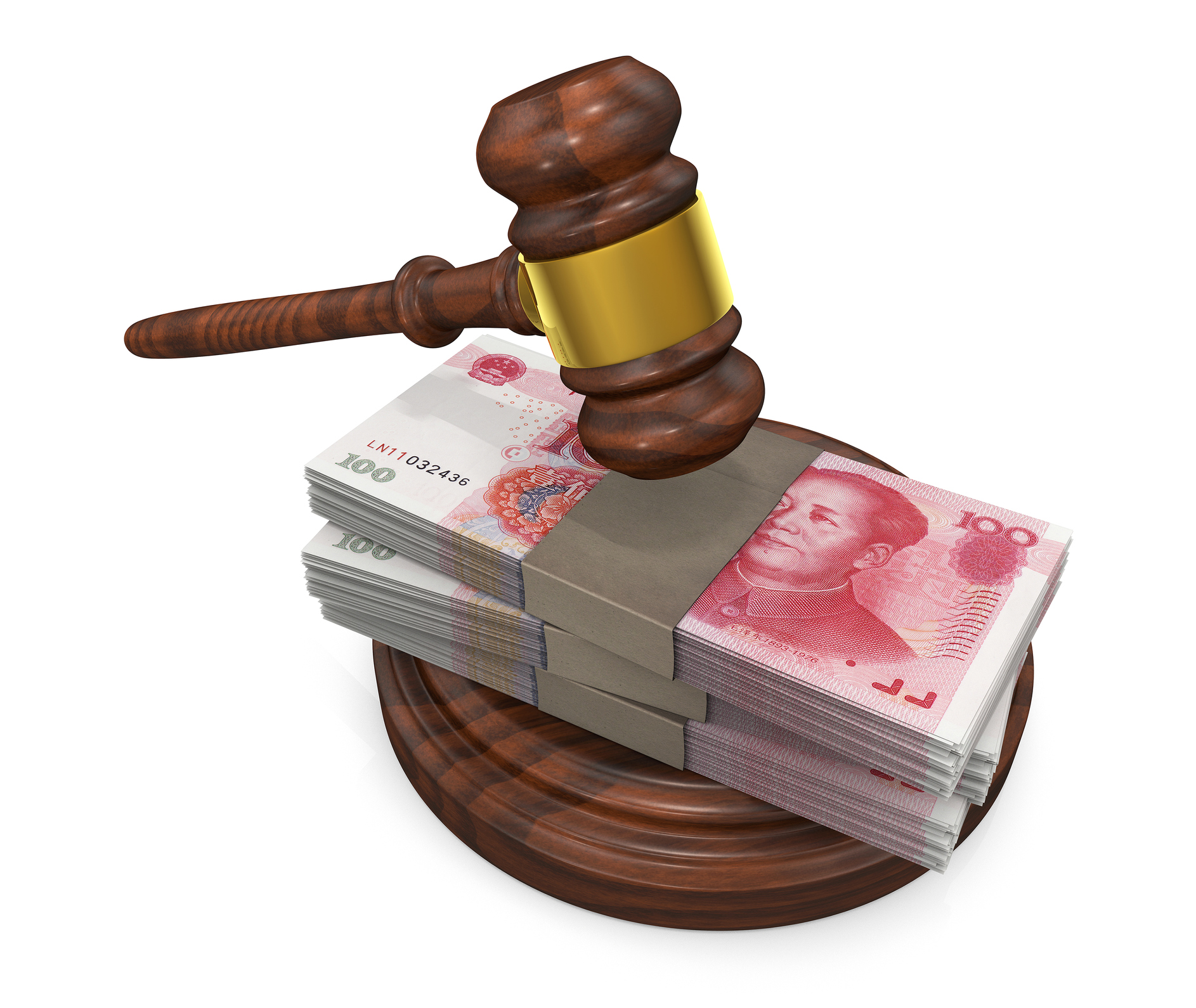 Judge's gavel atop a stack of Chinese currency