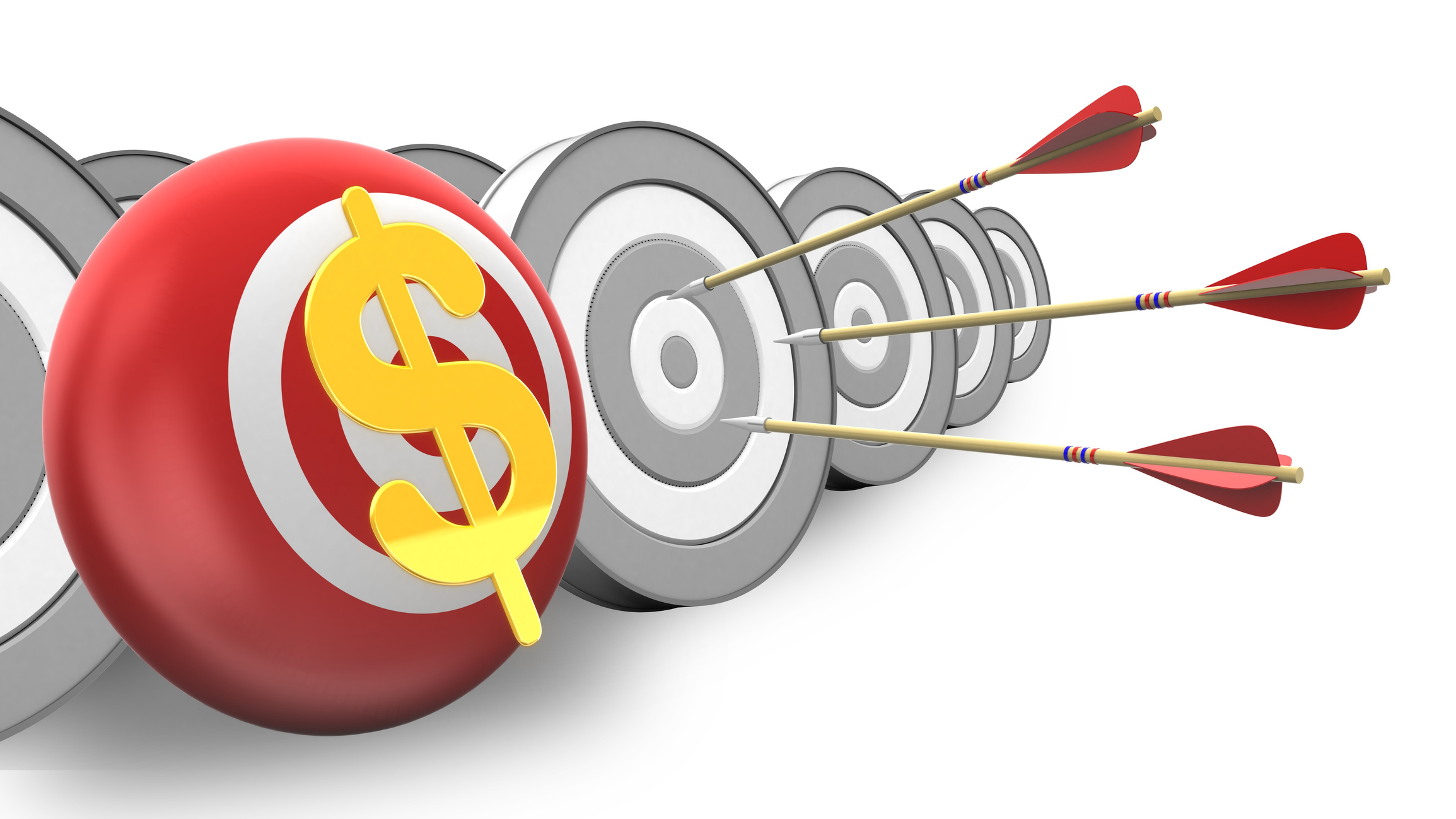 Three arrows on a target next to several other targets, one of which is red and white with a gold dollar sign on it.