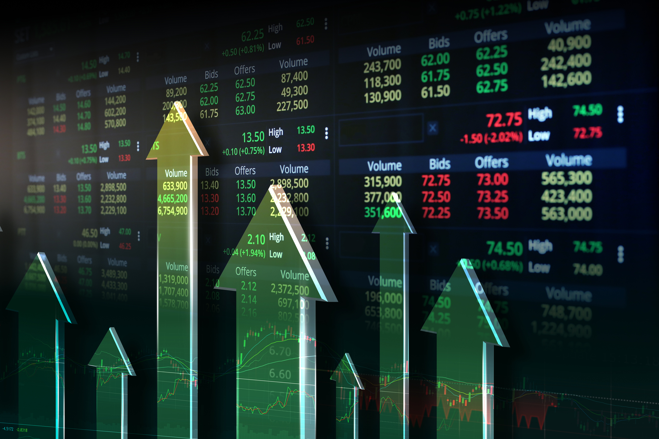 arrows pointing up overlay a screen with investing data on it.