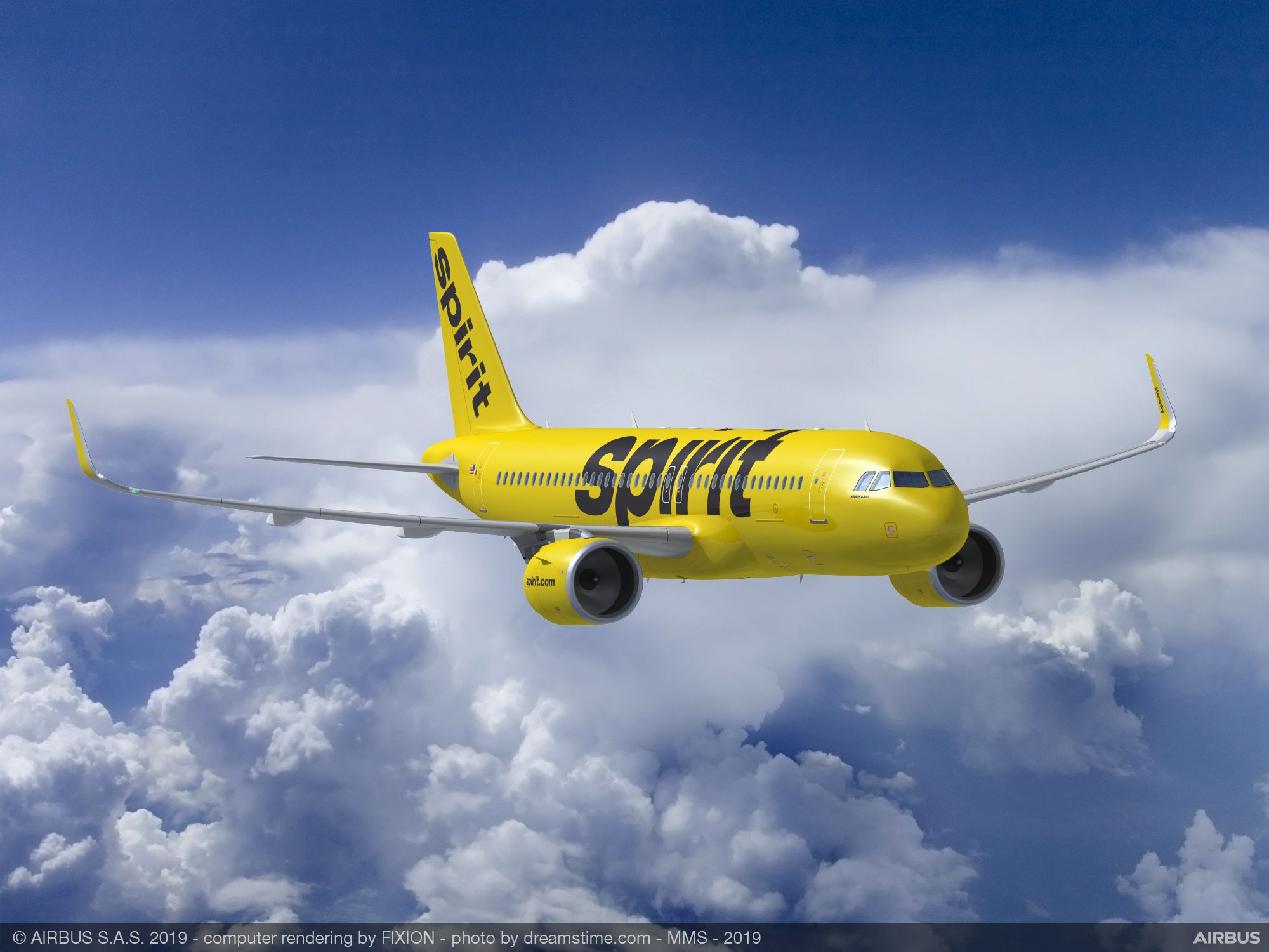 A rendering of a Spirit Airlines jet in flight, with clouds in the background