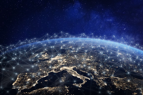 A visualization of networking connections across the globe.