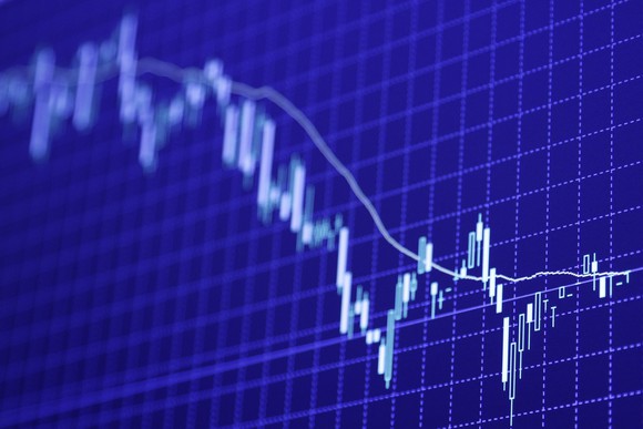 White line graph on a blue background.