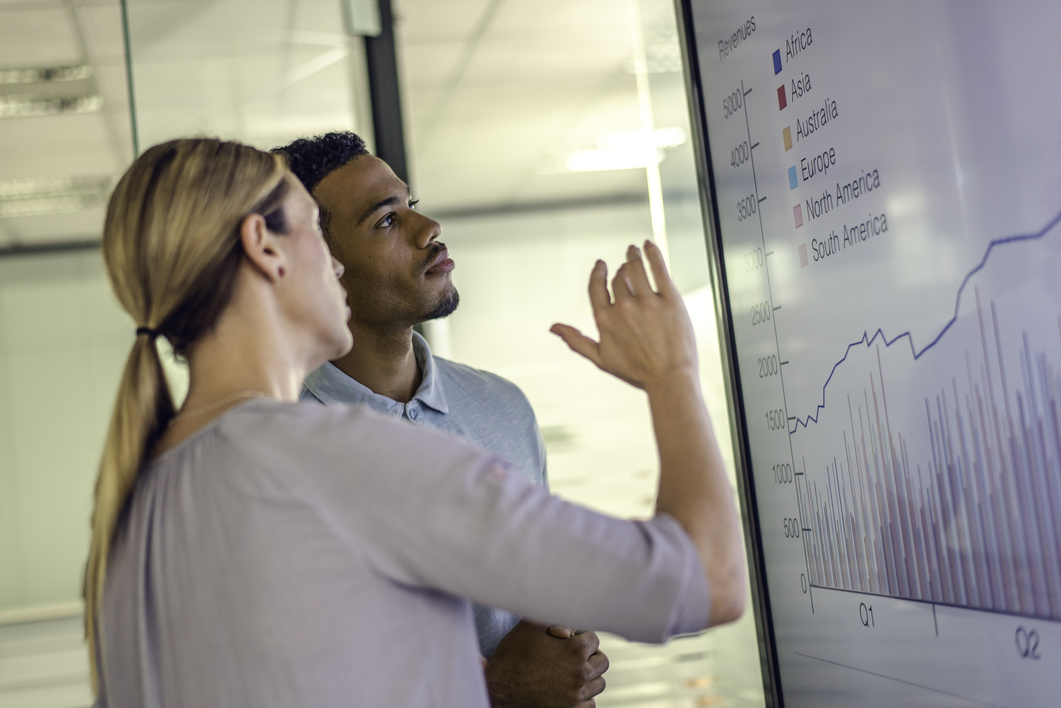 Two people discuss financial results displayed on a screen.