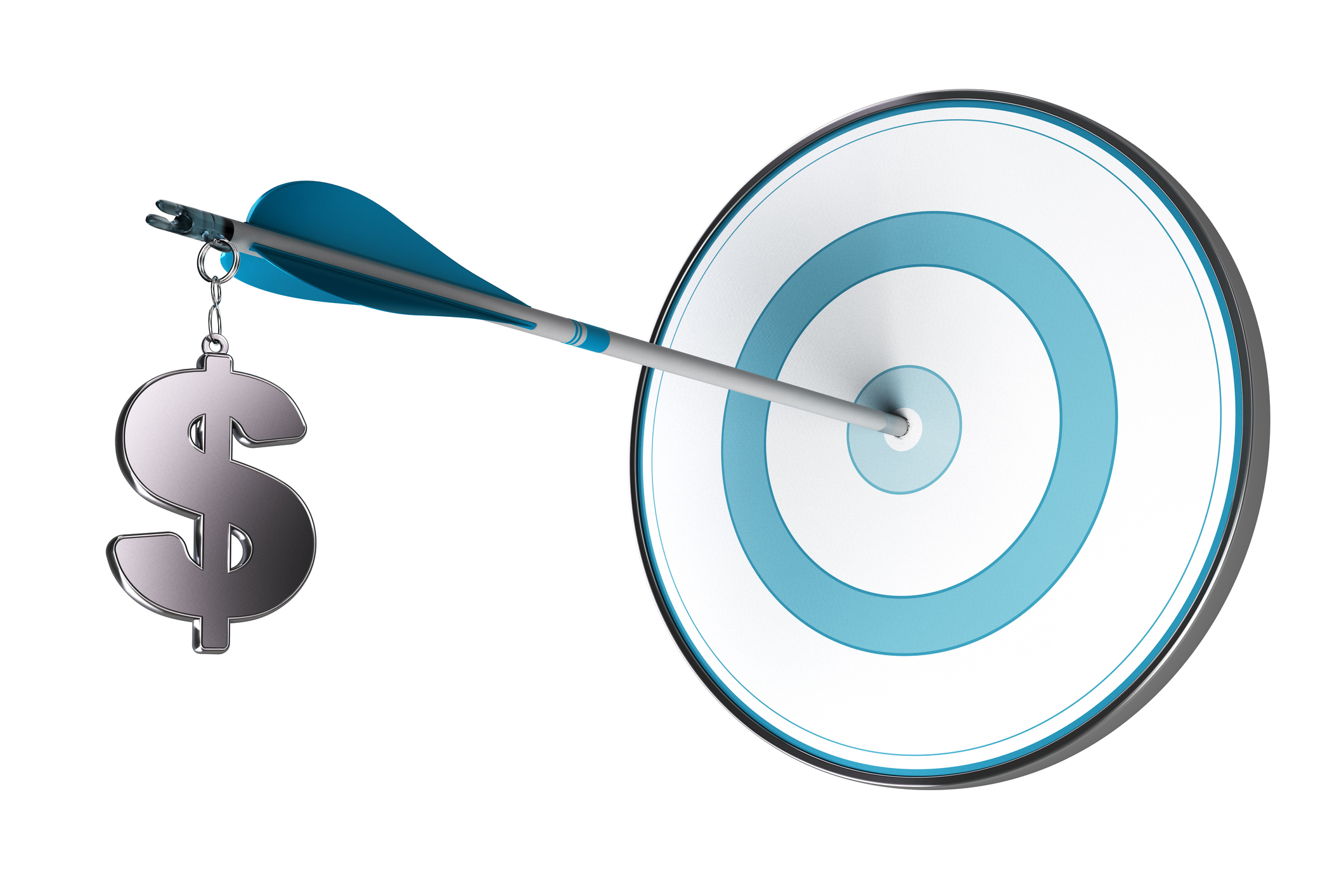 Arrow stuck in the bulls-eye on a target with a silver dollar sign dangling from the arrow