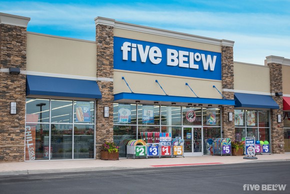 The exterior of a Five Below store location.