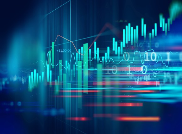 An upward sloping digital stock chart.