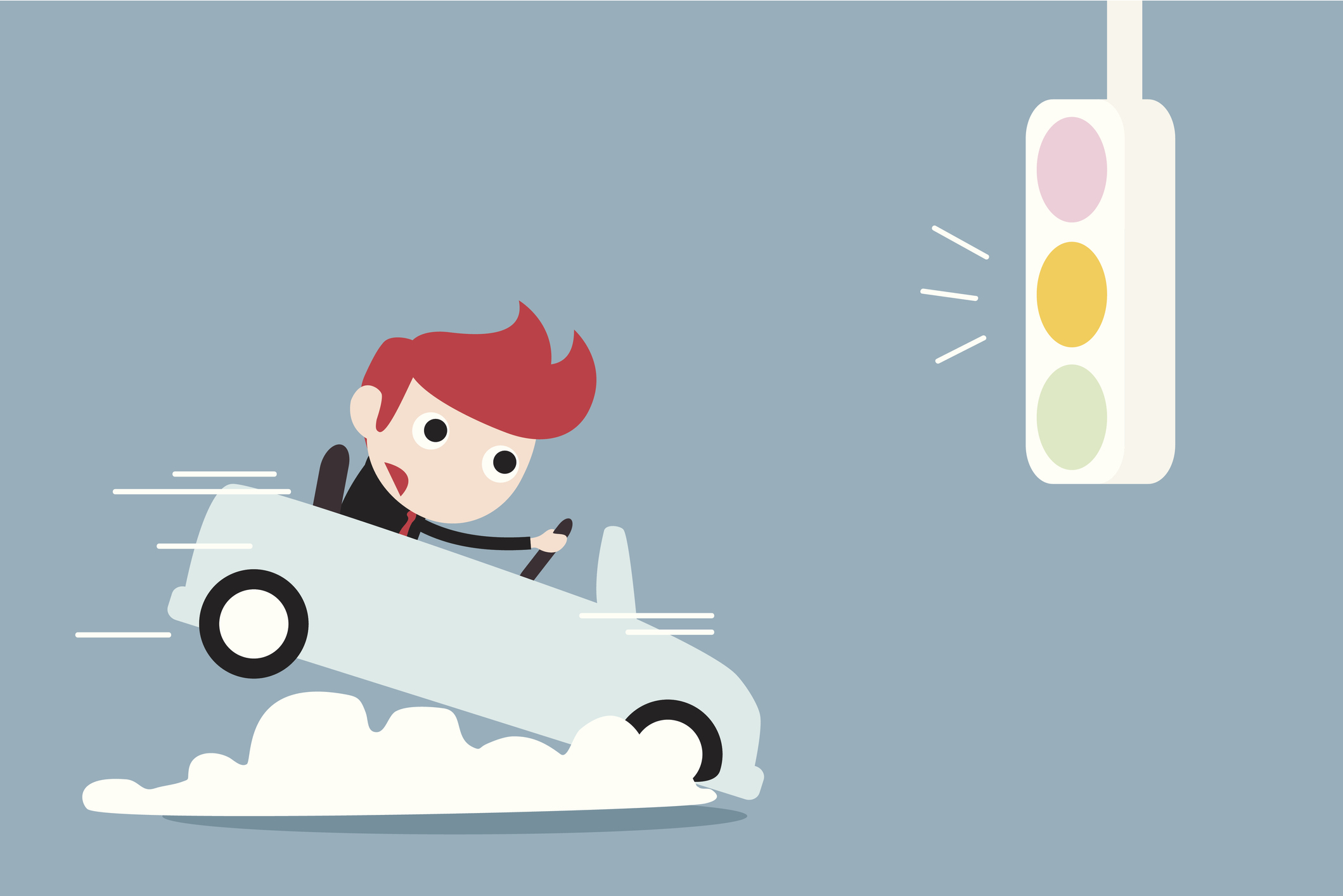 Cartoon car braking for a yellow light