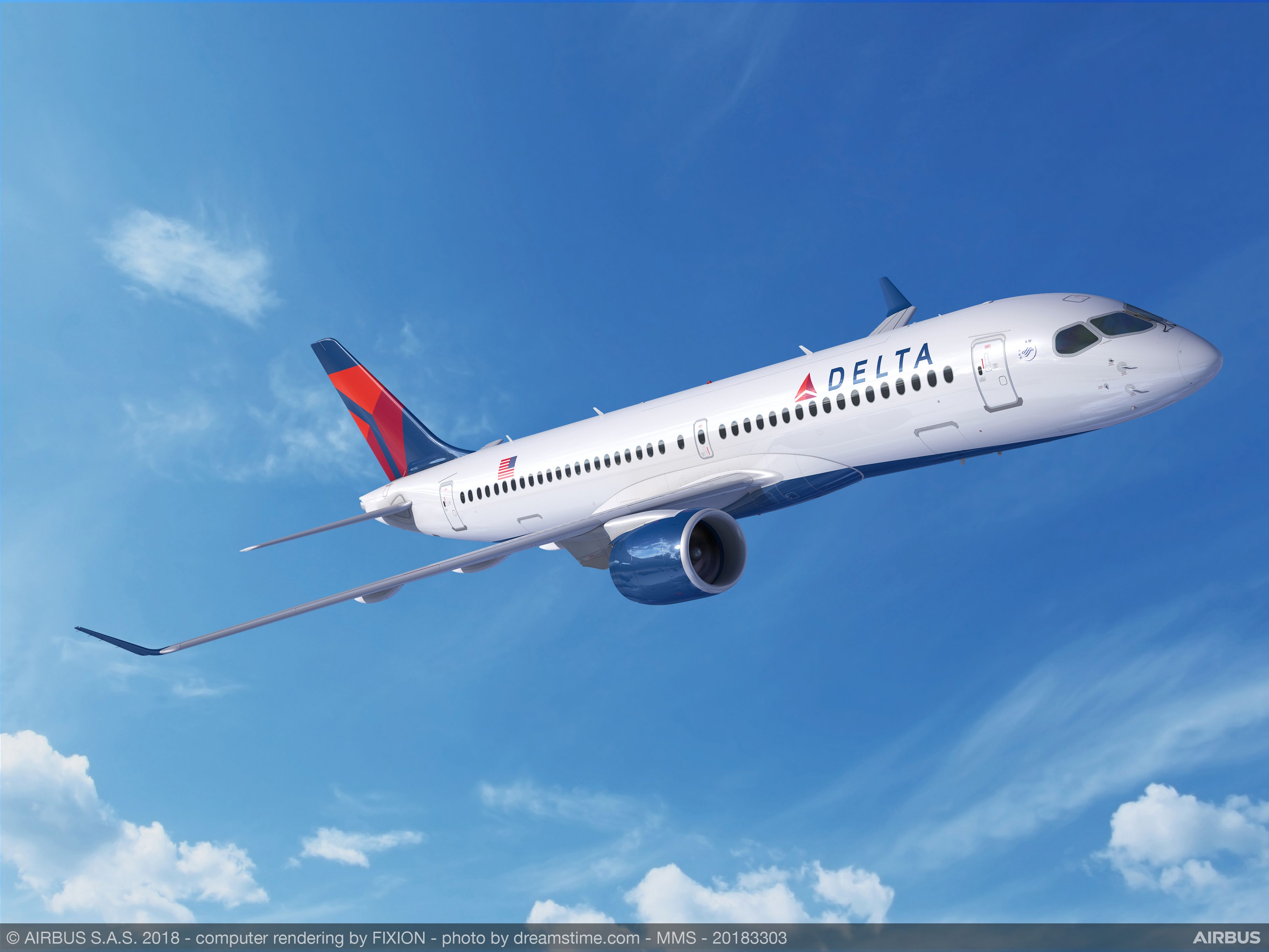 A rendering of an Airbus A220 in Delta's livery