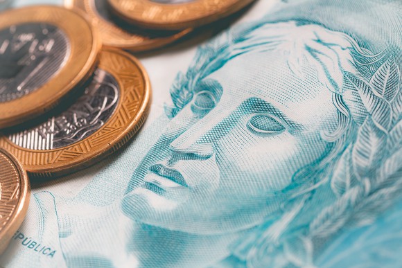 Brazilian paper currency and coins.