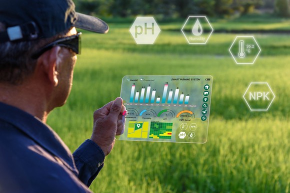 A person in a field holding a tablet with graphs and charts, representing digital farming. 