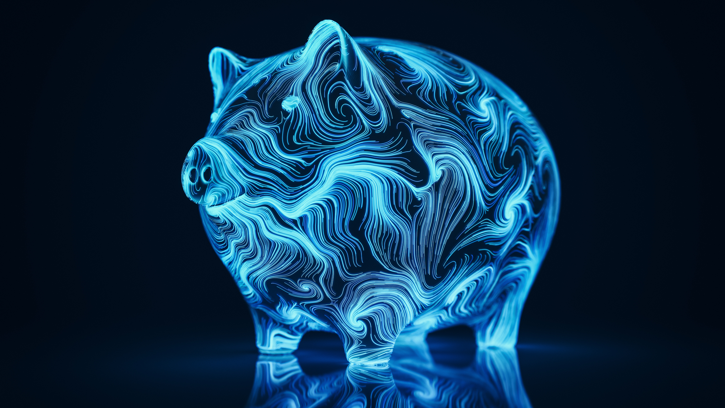 A wavy blue digital piggy bank against a dark background.