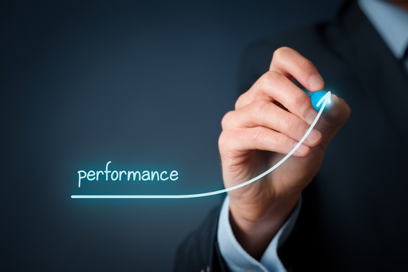 A digital chart labeled performance being drawn with an upward arrow.