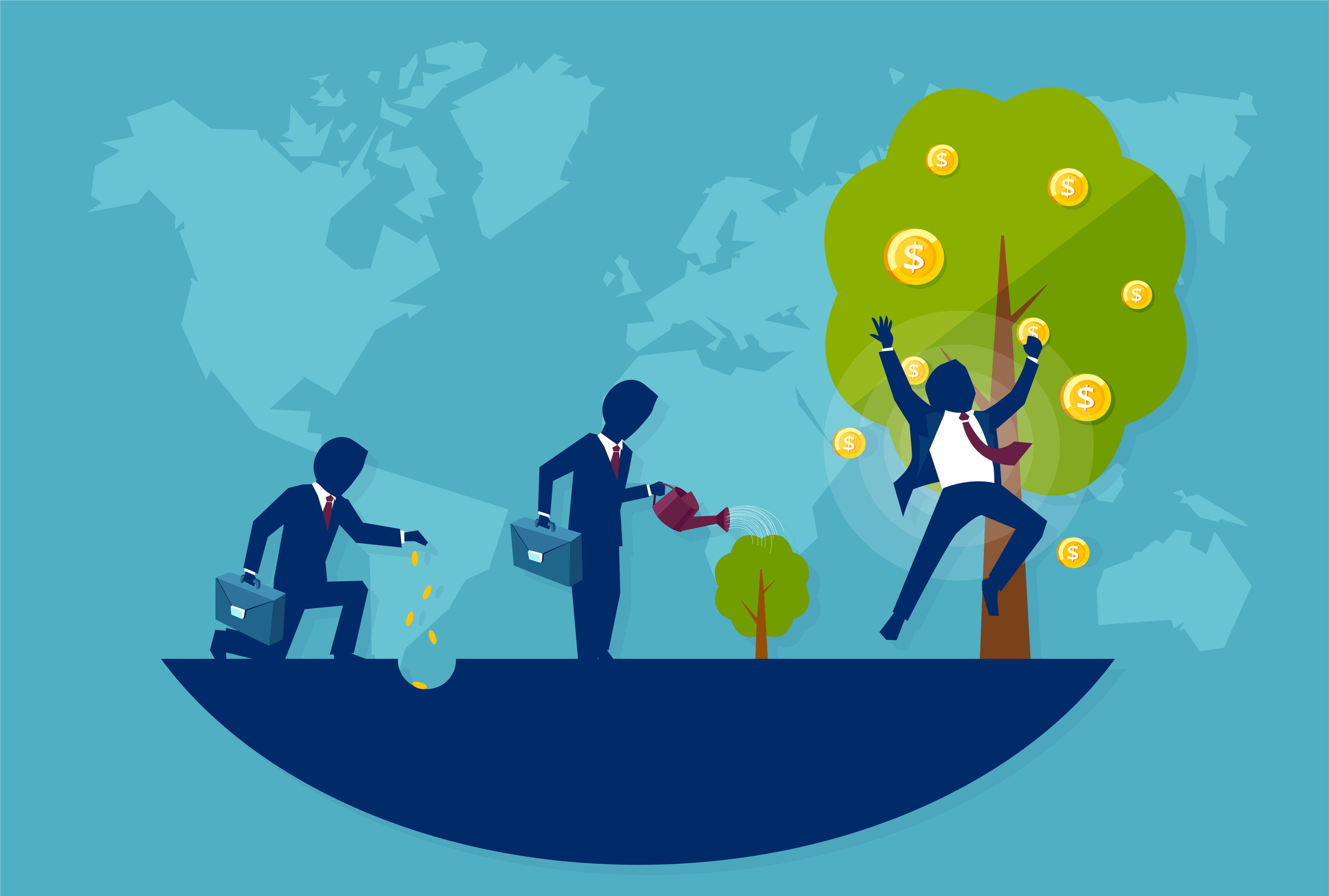 A person cultivating money that starts as seeds, gets watered, then grows into a tree with coins on it.
