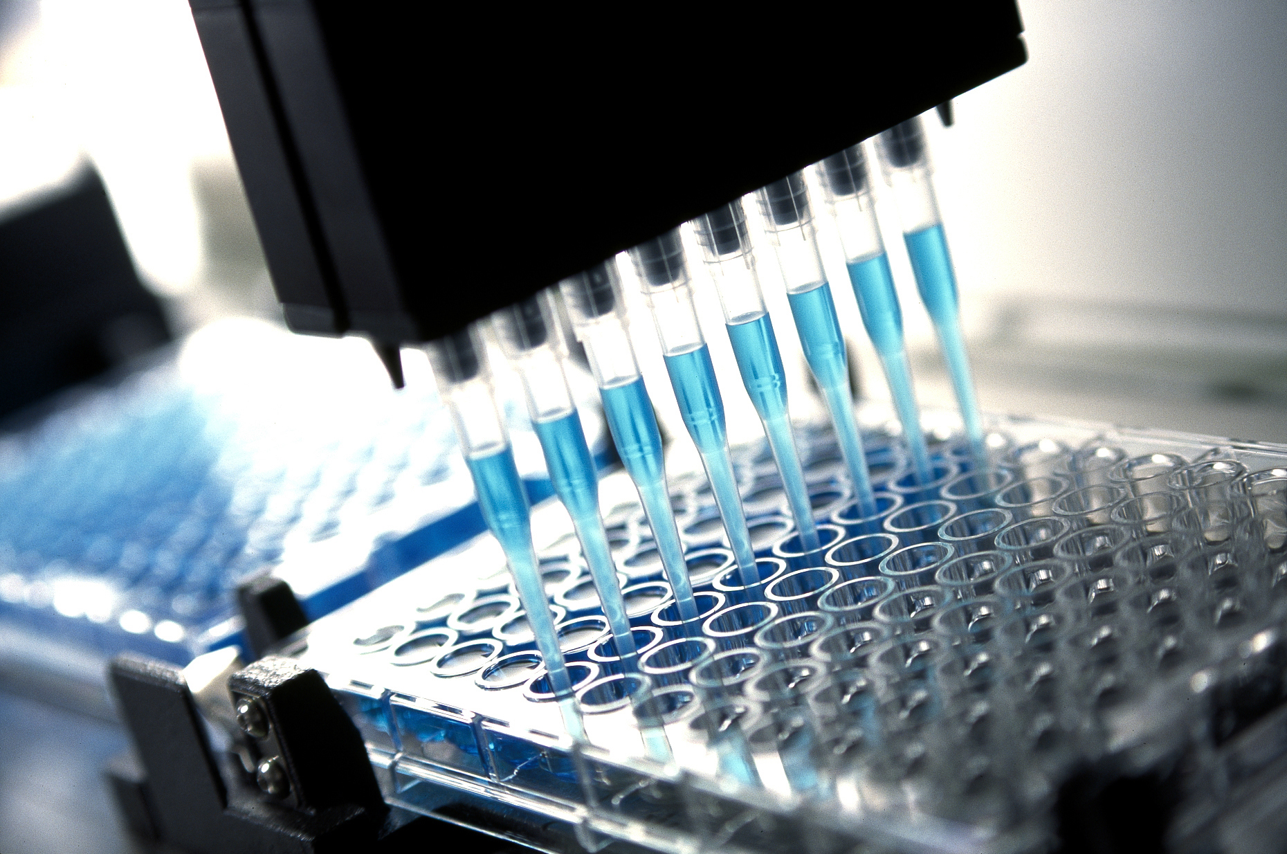 A robotic pipette placing liquid into test tubes.