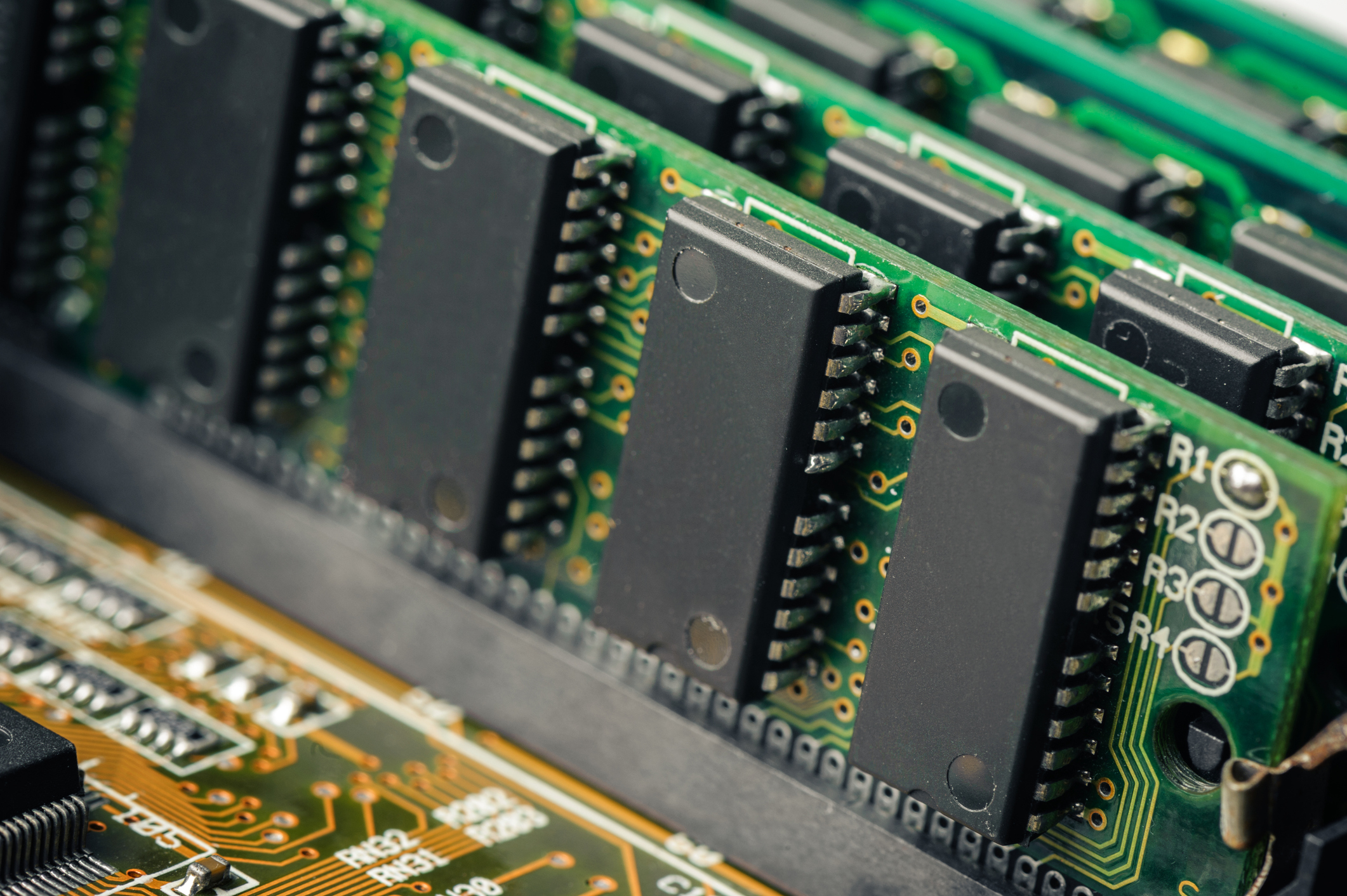 Sticks of DRAM on a motherboard.