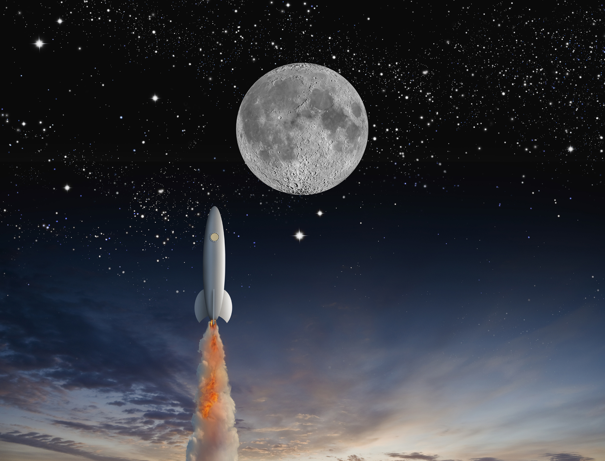 Rocket ship in space with background of moon and stars.