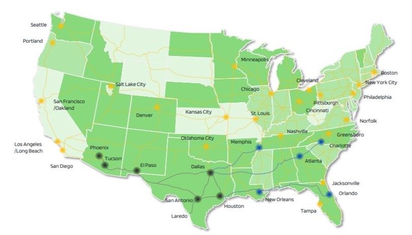 U.S. map showing current and planned AFN terminals and routes.