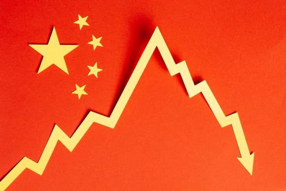 A declining stock chart on a Chinese flag.